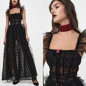 NWT For Love and Lemons Janelle Black Pink Polka Dot Tiered Ruffle Maxi Dress
